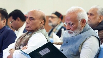 Prime Minister Narendra Modi and Defence Minister Rajnath Singh during a meeting of the Union Council of Ministers, at Sushma Swaraj Bhawan, in New Delhi on Sunday. (ANI ) Prime Minister Narendra Modi and Defence Minister Rajnath Singh during a meeting of the Union Council of Ministers, at Sushma Swaraj Bhawan, in New Delhi on Sunday. (ANI )