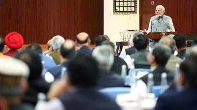 Prime Minister Narendra Modi addresses a meeting of the Union Council of Ministers, at Sushma Swaraj Bhawan, in New Delhi on Sunday. (ANI ) Prime Minister Narendra Modi addresses a meeting of the Union Council of Ministers, at Sushma Swaraj Bhawan, in New Delhi on Sunday. (ANI )