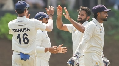 Mumbai's Shardul Thakur celebrates with teammates after taking the wicket of Tamil Nadu's Vijay Shankar (PTI) Mumbai's Shardul Thakur celebrates with teammates after taking the wicket of Tamil Nadu's Vijay Shankar (PTI)
