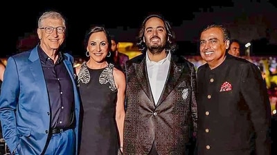 Microsoft co-founder Bill Gates and Paula Hurd with Reliance Industries Chairman Mukesh Ambani and his son Anant Ambani at the latter's pre-wedding bash in Jamnagar. (PTI) Microsoft co-founder Bill Gates and Paula Hurd with Reliance Industries Chairman Mukesh Ambani and his son Anant Ambani at the latter's pre-wedding bash in Jamnagar. (PTI)