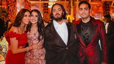 Akash Ambani and his wife Shloka Mehta with brother Anant Ambani and Radhika Merchant at their pre-wedding bash in Jamnagar. (PTI) Akash Ambani and his wife Shloka Mehta with brother Anant Ambani and Radhika Merchant at their pre-wedding bash in Jamnagar. (PTI)