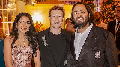 Meta CEO Mark Zuckerberg with Anant Ambani and Radhika Merchant at their pre-wedding bash in Jamnagar on the first day of their celebrations. (PTI) Meta CEO Mark Zuckerberg with Anant Ambani and Radhika Merchant at their pre-wedding bash in Jamnagar on the first day of their celebrations. (PTI)