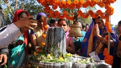 Devotees offering Milk, Honey and Coconut water on a Shivling on the Maha Shivratri festival. (HT Gallery ) Devotees offering Milk, Honey and Coconut water on a Shivling on the Maha Shivratri festival. (HT Gallery )