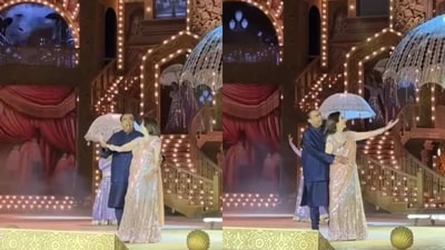 Mukesh Ambani and Nita Ambani dancing on stage to a Bollywood song during Anant Ambani and Radhika Merchant's pre-wedding festivities in Jamnagar, Gujarat. (Instagram/@varindertchawla) Mukesh Ambani and Nita Ambani dancing on stage to a Bollywood song during Anant Ambani and Radhika Merchant's pre-wedding festivities in Jamnagar, Gujarat. (Instagram/@varindertchawla)