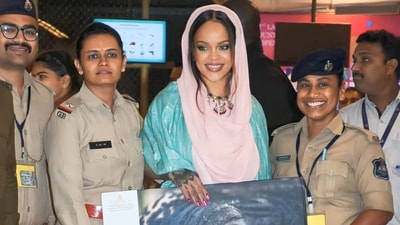 Rihanna poses at Jamnagar Airport as she leaves after performing at Anant Ambani and Radhika Merchant's pre-wedding bash. Rihanna poses at Jamnagar Airport as she leaves after performing at Anant Ambani and Radhika Merchant's pre-wedding bash.