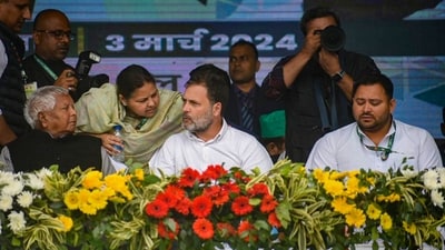 Patna: Congress leader Rahul Gandhi with RJD chief Lalu Prasad Yadav and RJD leaders Tejashwi Yadav and Misa Bharti during 'Jan Vishwas Rally', in Patna, Sunday, March 3, 2024. (PTI) Patna: Congress leader Rahul Gandhi with RJD chief Lalu Prasad Yadav and RJD leaders Tejashwi Yadav and Misa Bharti during 'Jan Vishwas Rally', in Patna, Sunday, March 3, 2024. (PTI)