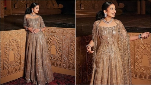 Radhika Merchant stuns in a glamorous golden lehenga ensemble designed by ace fashion designer Manish Malhotra. (Instagram) Radhika Merchant stuns in a glamorous golden lehenga ensemble designed by ace fashion designer Manish Malhotra. (Instagram)