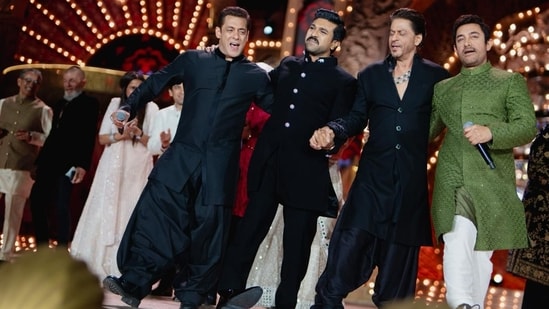 Ram Charan joined Salman Khan, Shah Rukh Khan and Aamir Khan as they did the hook step of his RRR song Naatu Naatu. The Khans also danced to Naacho Naacho, the Hindi version of the track. They showed off their moves on stage on the second day of the grand pre-wedding event of Mukesh Ambani's son Anant Ambani and his fiancee Radhika Merchant. The three-day event is taking place in Jamnagar, Gujarat.