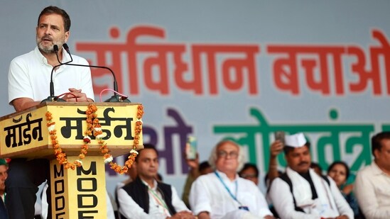 Congress leader Rahul Gandhi addresses the party's 'Bharat Jodo Nyay Yatra', in Dholpur on Saturday. (AICC file photo)