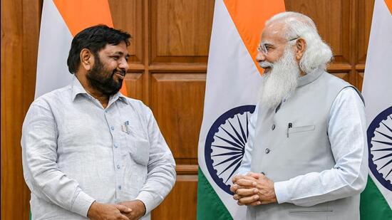 Mohanlalganj MP Kaushal Kishore with Prime Minister Narendra Modi after being sworn in as a Union minister of state months ahead of the 2022 Uttar Pradesh assembly election. (FILE PHOTO)