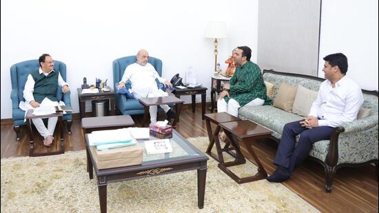 RLD president Jayant Chaudhary (in green kurta) with BJP national president JP Nadda and Union home minister Amit Shah during their meeting in New Delhi on March 2, 2024. (Sourced)