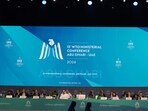 Delegates attend the 13th World Trade Organisation Ministerial Conference in Abu Dhabi of February 26, 2025. The world's trade ministers gathered in the UAE on February 26 for a high-level WTO meeting with no clear prospects for breakthroughs, amid geopolitical tensions and disagreements. (AFP)