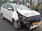 The damaged escort vehicle of state BJP chief Sukanata Majumdar The damaged escort vehicle of state BJP chief Sukanata Majumdar
