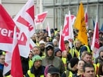 Lufthansa ground staff attend a strike in Frankfurt, Germany.