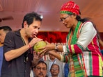 West Tripura: TIPRA founder Pradyot Kishore Manikya Debbarma breaks his fast after a tripartite pact was signed among the Tipra Motha, the Tripura government and the Centre in presence of Union Home Minister Amit Shah on Saturday, in West Tripura district, Sunday, March 3, 2024. (PTI Photo)(PTI03_03_2024_000218A)(PTI)