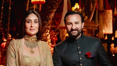 Kareena Kapoor wore a beige and golden outfit and accessorised with heavy jewellery. Saif Ali Khan and Taimur Ali Khan twinned in black ethnic wear. Kareena Kapoor wore a beige and golden outfit and accessorised with heavy jewellery. Saif Ali Khan and Taimur Ali Khan twinned in black ethnic wear.
