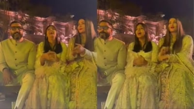 Abhishek Bachchan, Aaradhya Bachchan and Aishwarya Rai at Ambani bash. Abhishek Bachchan, Aaradhya Bachchan and Aishwarya Rai at Ambani bash.