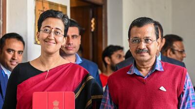 Delhi chief minister Arvind Kejriwal and finance minister Atishi at Vidhan Sabha ahead of the Budget presentation on Monday. (Raj K Raj/HT Photo)