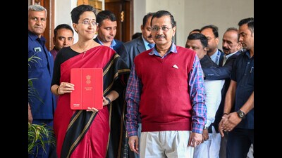 Delhi chief minister Arvind Kejriwal and state finance minister Atishi on Monday. (Raj K Raj/HT Photo)