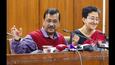 Delhi chief minister Arvind Kejriwal with finance minister Atishi at a press conference after the presentation of the Budget on Monday. (PTI) Delhi chief minister Arvind Kejriwal with finance minister Atishi at a press conference after the presentation of the Budget on Monday. (PTI)