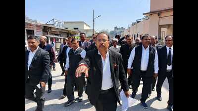 Lawyers staging protest in Agra on Monday. (HT Photo) Lawyers staging protest in Agra on Monday. (HT Photo)