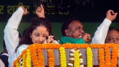 Former Jharkhand chief minister Hemant Soren's wife Kalpana Soren gets emotional at the 51st foundation day function of Jharkhand Mukti Morcha (JMM). (PTI) Former Jharkhand chief minister Hemant Soren's wife Kalpana Soren gets emotional at the 51st foundation day function of Jharkhand Mukti Morcha (JMM). (PTI)