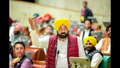 Punjab chief minister Bhagwant Mann speaks during the budget session of Punjab Vidhan Sabha in Chandigarh on Monday. (HT photo) Punjab chief minister Bhagwant Mann speaks during the budget session of Punjab Vidhan Sabha in Chandigarh on Monday. (HT photo)