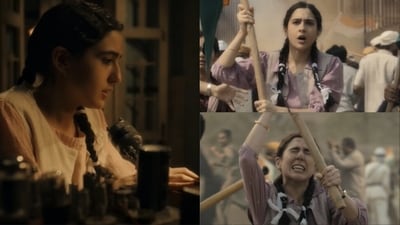 Sara Ali Khan as 22-year-old Usha in a still from Ae Watan Mere Watan trailer. Sara Ali Khan as 22-year-old Usha in a still from Ae Watan Mere Watan trailer.