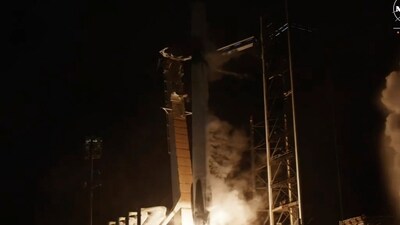 In this image taken from NASA video, a SpaceX Falcon rocket lifts off toward the International Space Station. (AP) In this image taken from NASA video, a SpaceX Falcon rocket lifts off toward the International Space Station. (AP)