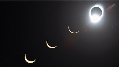 The progression of a total solar eclipse is seen in a multiple exposure photograph taken in 5-minute intervals, with the moon passing in front of the sun above Siem Reap in northwestern Cambodia, 225 kilometers (140 miles) from Phnom Penh, on Tuesday, Oct. 24, 1995 (AP Photo/Richard Vogel, File - representational image) (AP) The progression of a total solar eclipse is seen in a multiple exposure photograph taken in 5-minute intervals, with the moon passing in front of the sun above Siem Reap in northwestern Cambodia, 225 kilometers (140 miles) from Phnom Penh, on Tuesday, Oct. 24, 1995 (AP Photo/Richard Vogel, File - representational image) (AP)