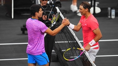 (L-R) Carlos Alcaraz and Rafael Nadal attend The Netflix Slam at Michelob ULTRA Arena on March 03, 2024 in Las Vegas, Nevada (Getty Images via AFP)