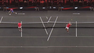 Rafael Nadal stunned Carlos Alcaraz with a no-look overhead shot. Rafael Nadal stunned Carlos Alcaraz with a no-look overhead shot.