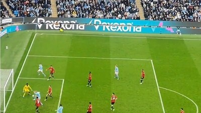 Erling Haaland missed a sitter during Manchester City's win vs Manchester United. Erling Haaland missed a sitter during Manchester City's win vs Manchester United.