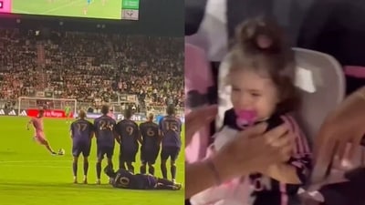 Lionel Messi's wayward free-kick hit a toddler. Lionel Messi's wayward free-kick hit a toddler.