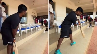 Sanju Samson plays cricket with a young fan. (Screengrab) Sanju Samson plays cricket with a young fan. (Screengrab)