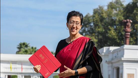 Delhi finance minister Atishi at Vidhan Sabha. (Raj K Raj/HT Photo)