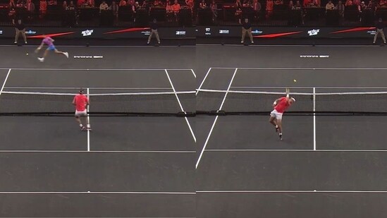 Rafael Nadal stunned Carlos Alcaraz with a no-look overhead shot.