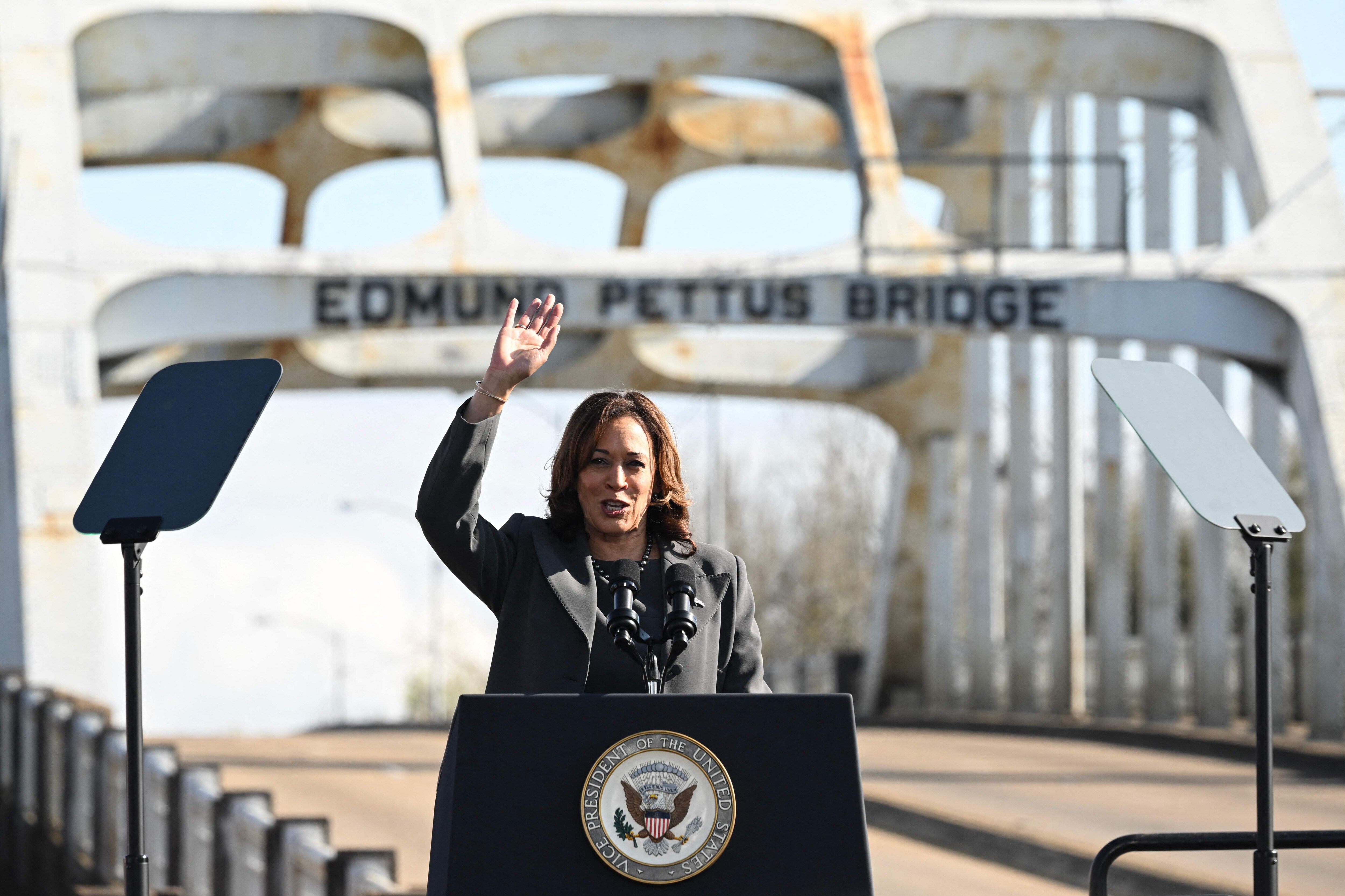 US Vice President Kamala Harris speaks at the Edmund Pettus Bridge during an event to commemorate the 59th anniversary of "Bloody Sunday" in Selma, Alabama, on March 3, 2024 (Photo by SAUL LOEB / AFP) (AFP) US Vice President Kamala Harris speaks at the Edmund Pettus Bridge during an event to commemorate the 59th anniversary of "Bloody Sunday" in Selma, Alabama, on March 3, 2024 (Photo by SAUL LOEB / AFP) (AFP)