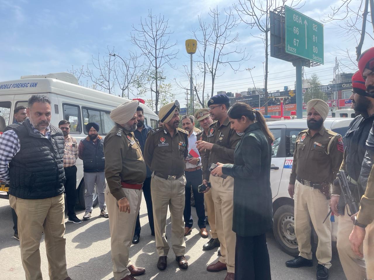 Police investigating at the crime spot in Mohali on Monday. (HT)