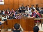 Delhi chief minister Arvind Kejriwal and finance minister Atishi address a joint press conference after the presentation of the Budget of the Delhi government at Vidhan Sabha on Monday. (ANI) Delhi chief minister Arvind Kejriwal and finance minister Atishi address a joint press conference after the presentation of the Budget of the Delhi government at Vidhan Sabha on Monday. (ANI)