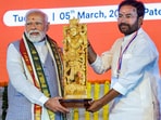 PM Narendra Modi being felicitated by Union Minister G Kishan Reddy during foundation stone laying and inauguration of various projects in Sangareddy.