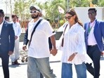 Ranveer Singh and Deepika Padukone walked hand in hand at the Jamnagar airport. Ranveer Singh and Deepika Padukone walked hand in hand at the Jamnagar airport.