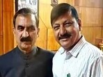 Himachal CM Sukhiwnder Sukhu and Congress MLA Rajinder Rana, who rebelled and was disqualified(HT Photo )