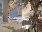 Screengrabs of the mall after (left) an iron grill fell at Galaxy Blue Sapphire Plaza Mall in Greater Noida and (right) faux ceiling collapsed at Vasant Kunj’s Ambience Mall,