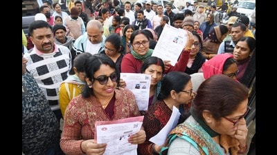 Given the enormous number of teacher vacancies in the state, the TET exam is critical; nevertheless, for various reasons, the exam is not held twice a year, as recommended. (HT PHOTO)