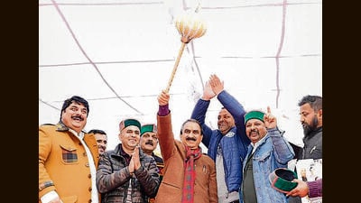 Himachal chief minister Sukhvinder Singh Sukhu at a rally in Chaupal in Shimla on Tuesday. (HT Photo)