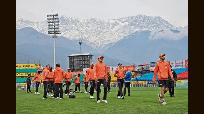 India players during a practice session ahead of the fifth match against England at the Himachal Pradesh Cricket Association Stadium in Dharamshala on Tuesday. (REUTERS)