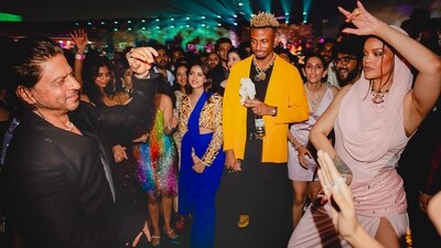 Shah Rukh Khan dances with pop-icon Rihanna during Anant Ambani and Radhika Merchant's pre-wedding bash in Jamnagar. (PTI) Shah Rukh Khan dances with pop-icon Rihanna during Anant Ambani and Radhika Merchant's pre-wedding bash in Jamnagar. (PTI)