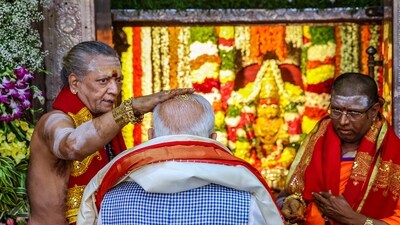 “Prayed for the good health, well being and prosperity of all Indians at the Sri Ujjaini Mahakali Devasthanam, Secunderabad,” PM Narendra Modi said on 'X,' and shared pictures of his visit to the temple. (PTI)