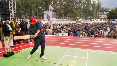 Rohit Sharma during the inauguration of Sansad Khel Mahakumbh at the Luhnu Cricket Ground. (PTI)
